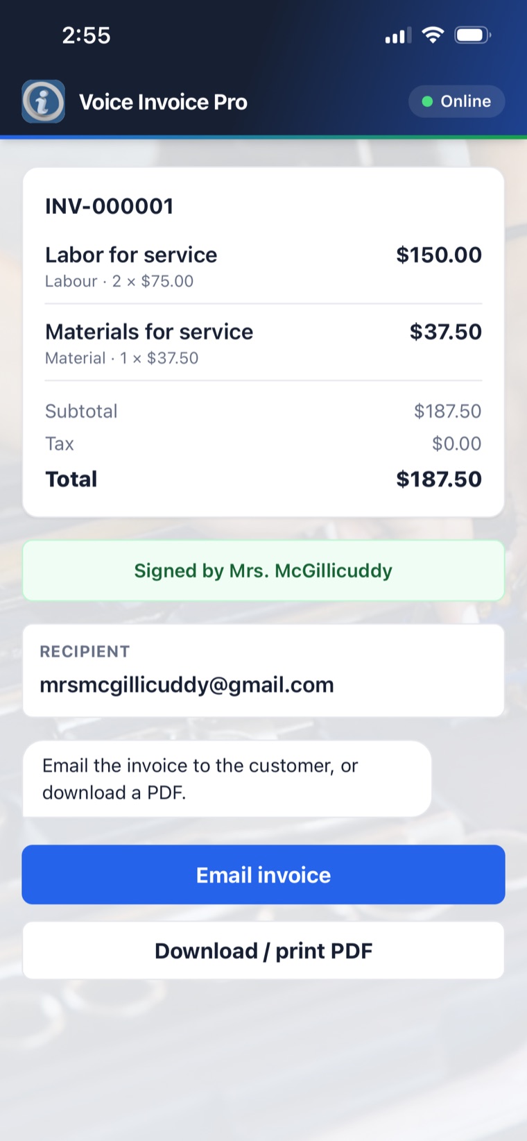 Signed invoice ready to email or download as a PDF