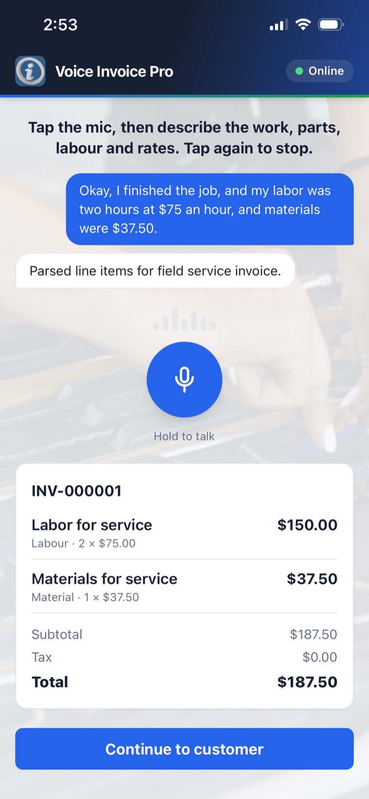 Spoken job details parsed into invoice line items in the Voice Invoice Pro app